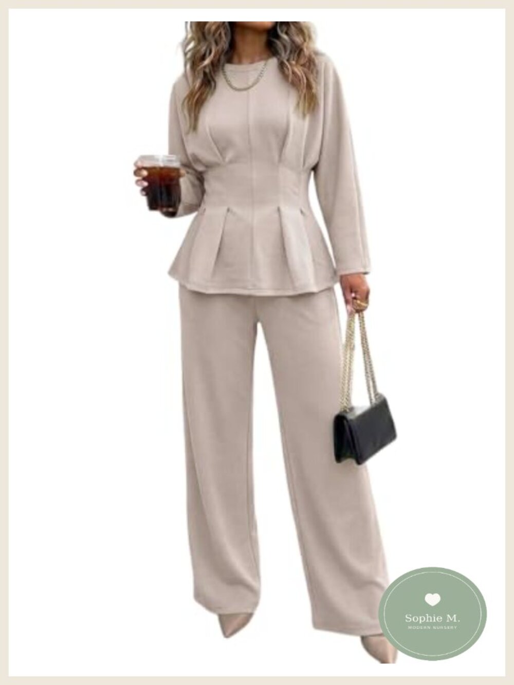 2 Piece Outfit Ruched Waist Top Long Sleeve Wide Leg Pants Set